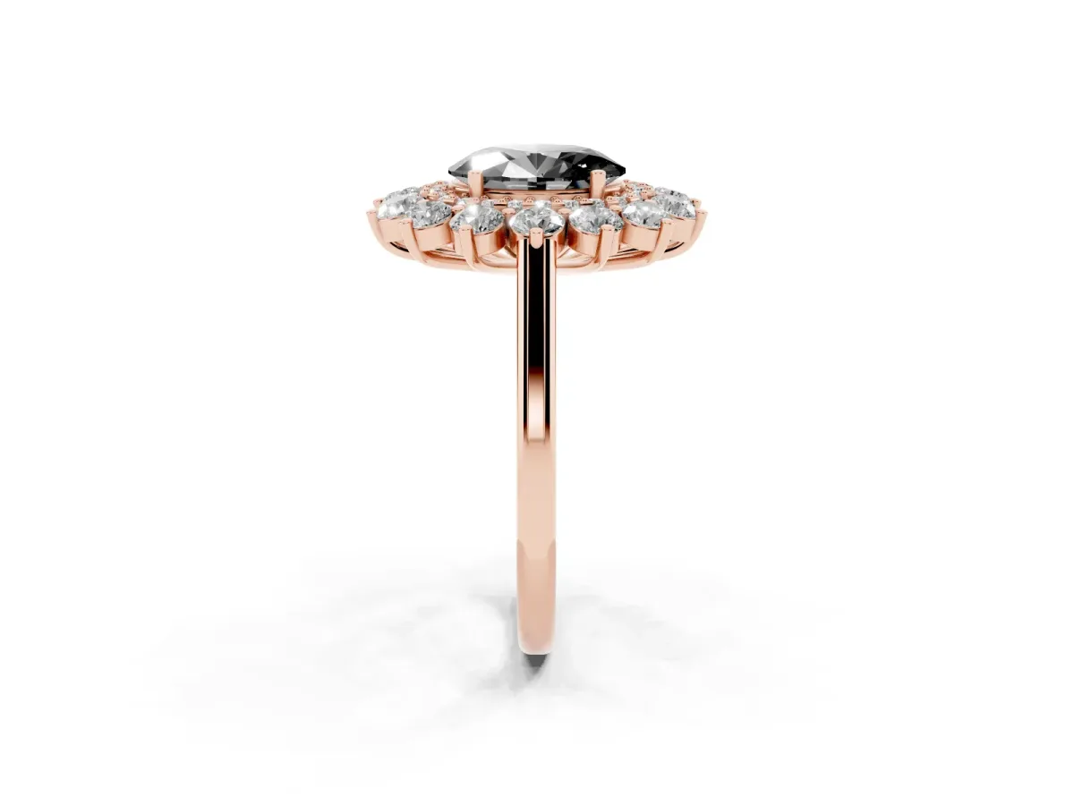 Fancy Black Oval Cut Diamond Floral Double Halo Engagement Ring with Prong Setting Rose gold