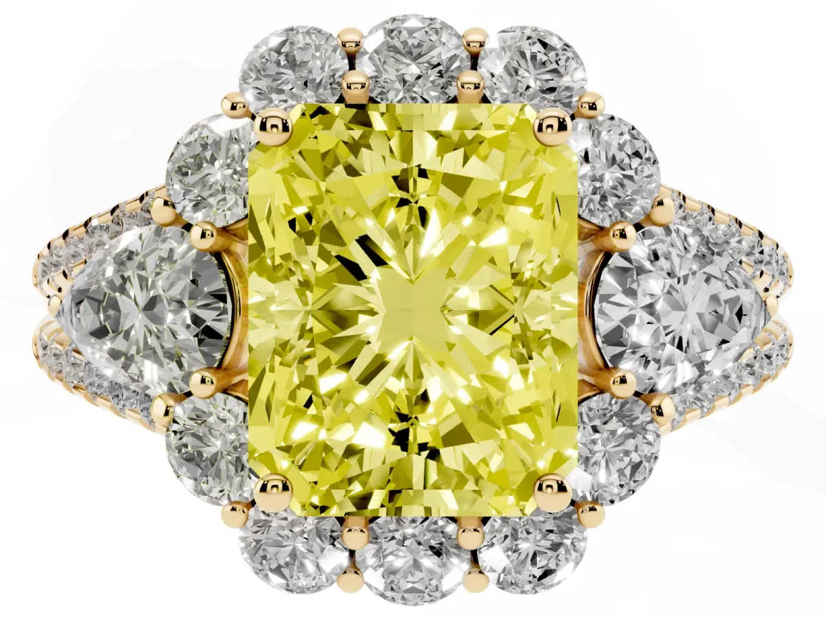 Fancy Yellow Radiant Cut Halo Split Shank Diamond Engagement Ring with Prong Setting Yellow gold