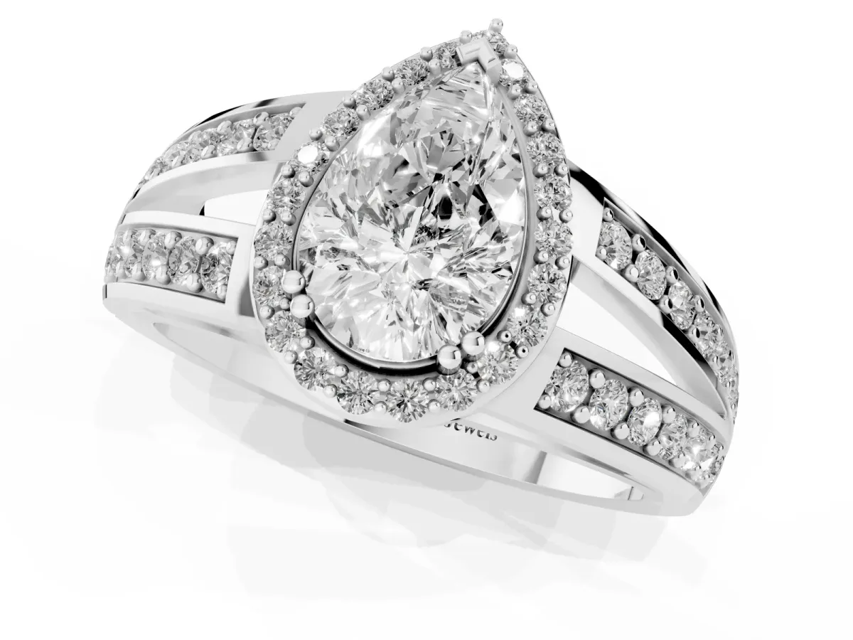 Pear Cut Diamond Halo Ring with Split Shank Pavé Band and Four-Prong Setting Silver