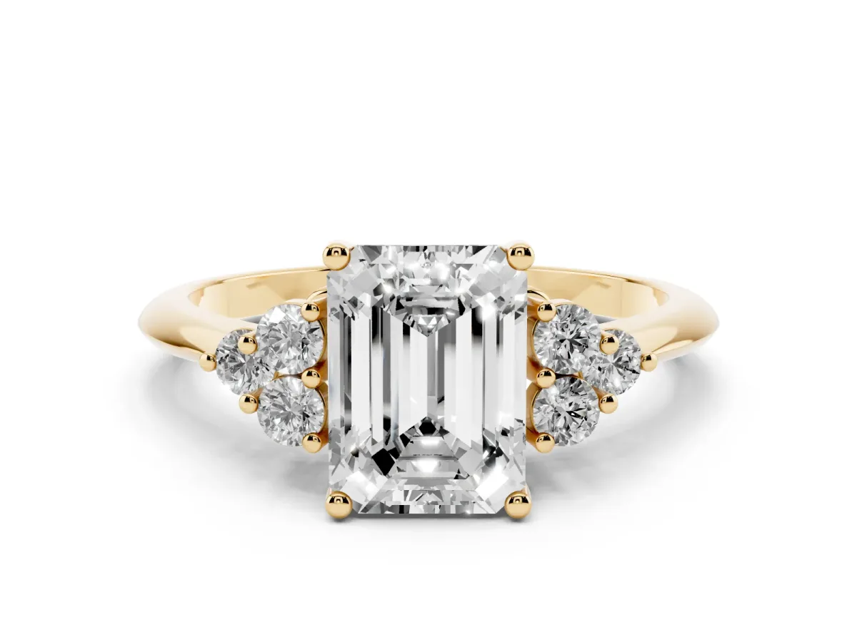 Emerald Cut Cut Diamond Cluster Ring with Solitaire Band and Four-Prong Setting Yellow gold