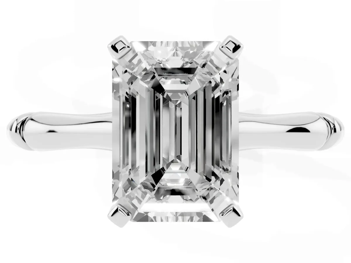 Emerald Cut Solitaire Diamond Ring with Bamboo Band and Four-Prong Setting Silver