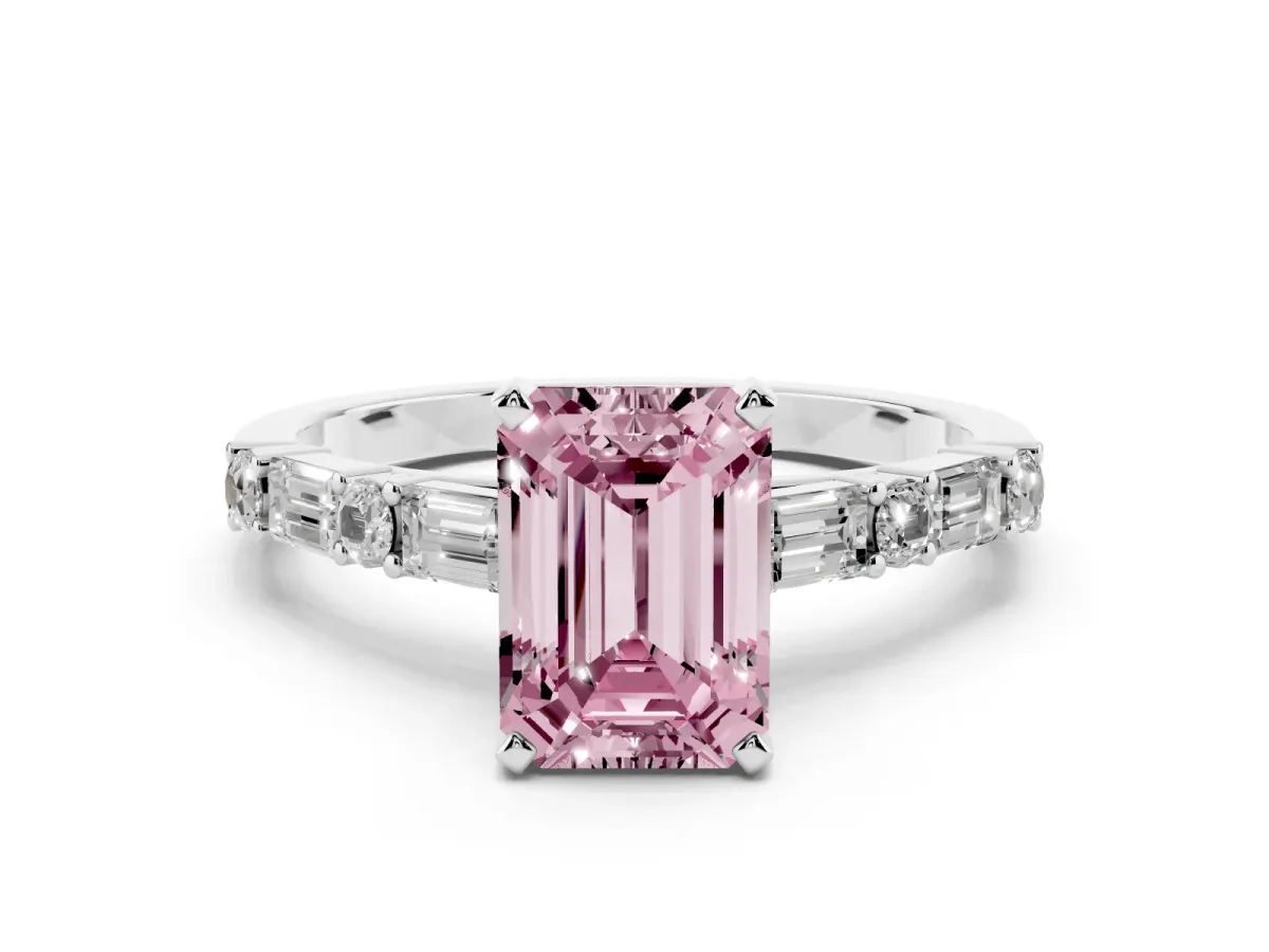 Fancy Pink Emerald Cut Diamond Solitaire with Side Baguettes and Channel Set Band Silver