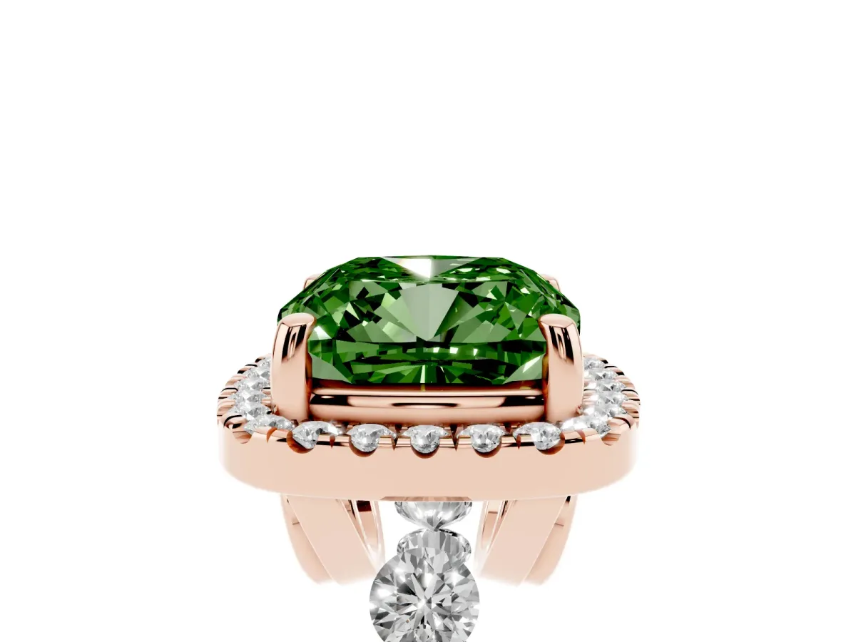 Fancy Green Cushion Cut Halo Pavé Diamond Engagement Ring with Four-Prong Setting Rose gold