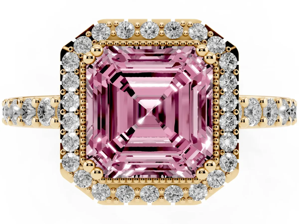 Fancy Pink Asscher Cut Cut Diamond Halo Engagement Ring with Milgrain Detail and Pavé Band Yellow gold