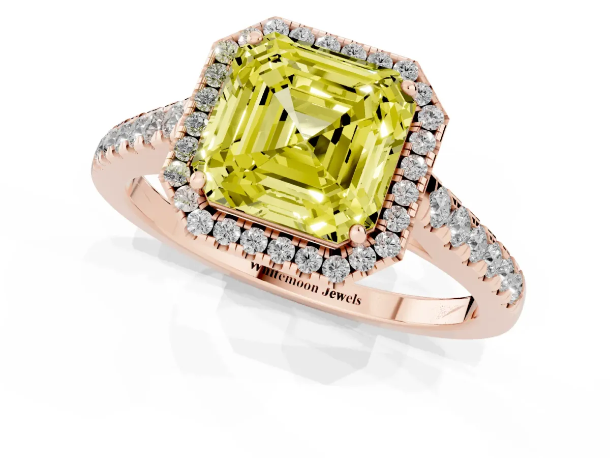 Fancy Yellow Asscher Cut Halo Pave Diamond Engagement Ring with Four-Prong Setting Rose gold