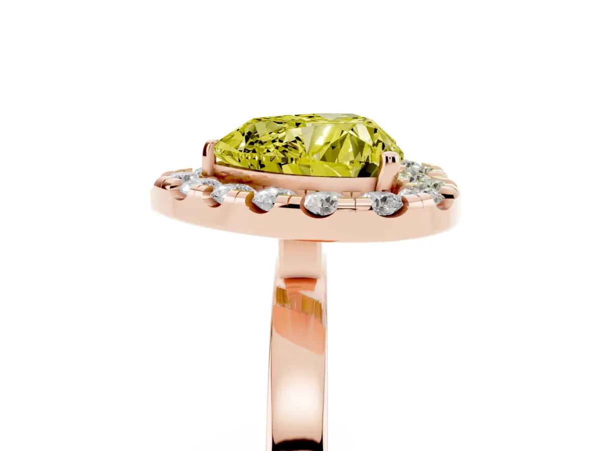 Fancy Yellow Heart Cut Halo Diamond Solitaire with Pavé Band and Four-Prong Setting Rose gold