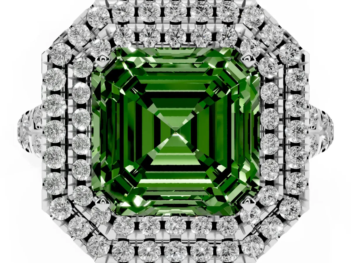 Fancy Green Asscher Cut Diamond Pavé Split Shank Double Halo Engagement Ring Platinum
