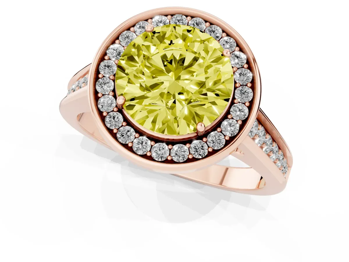 Fancy Yellow Round Cut Halo Solitaire Diamond Ring with Pave Band and Bezel Setting Rose gold