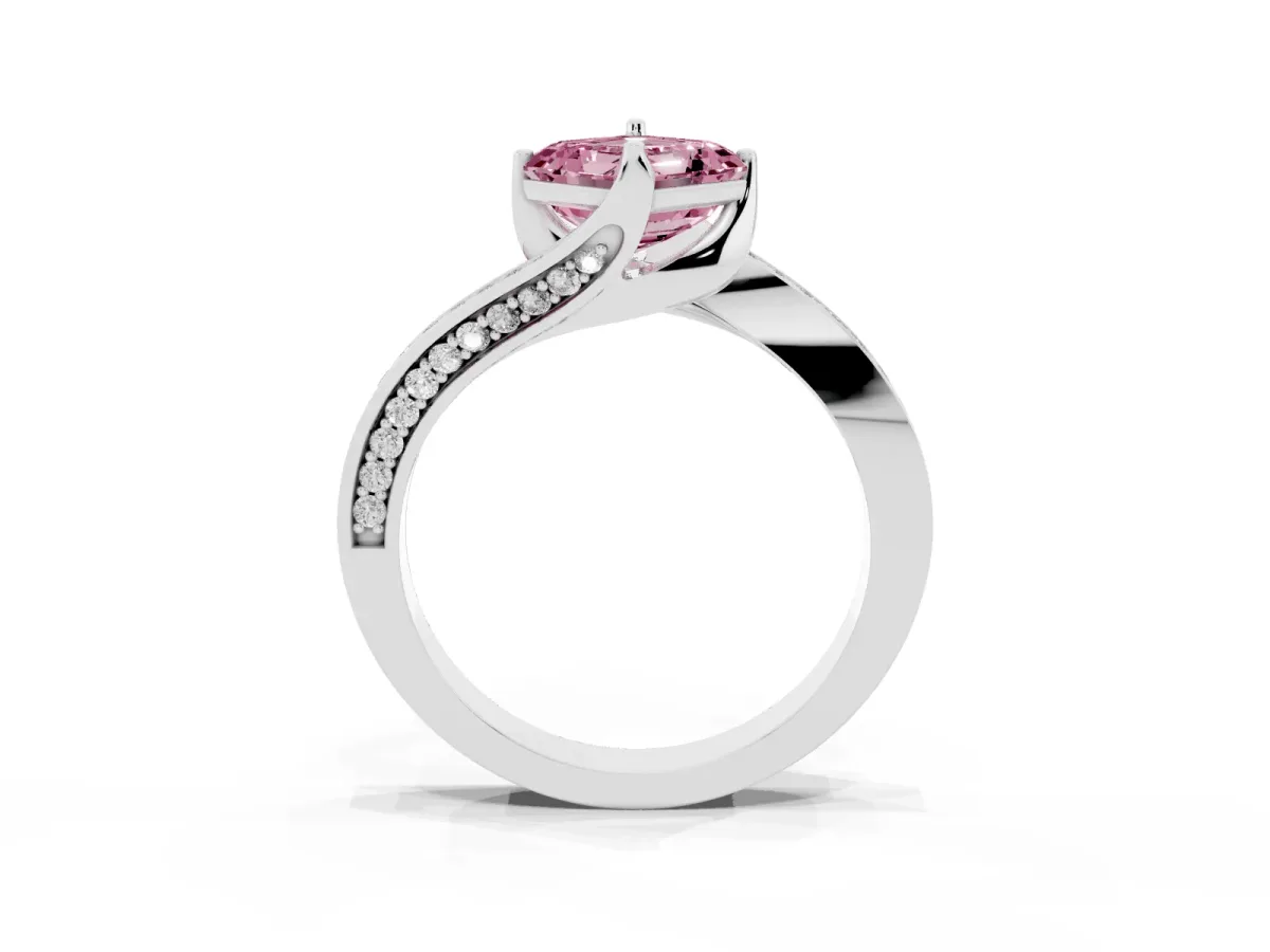 Fancy Pink Asscher Cut Solitaire Diamond Twist Band with Pavé Setting and Four-Prong Setting Platinum