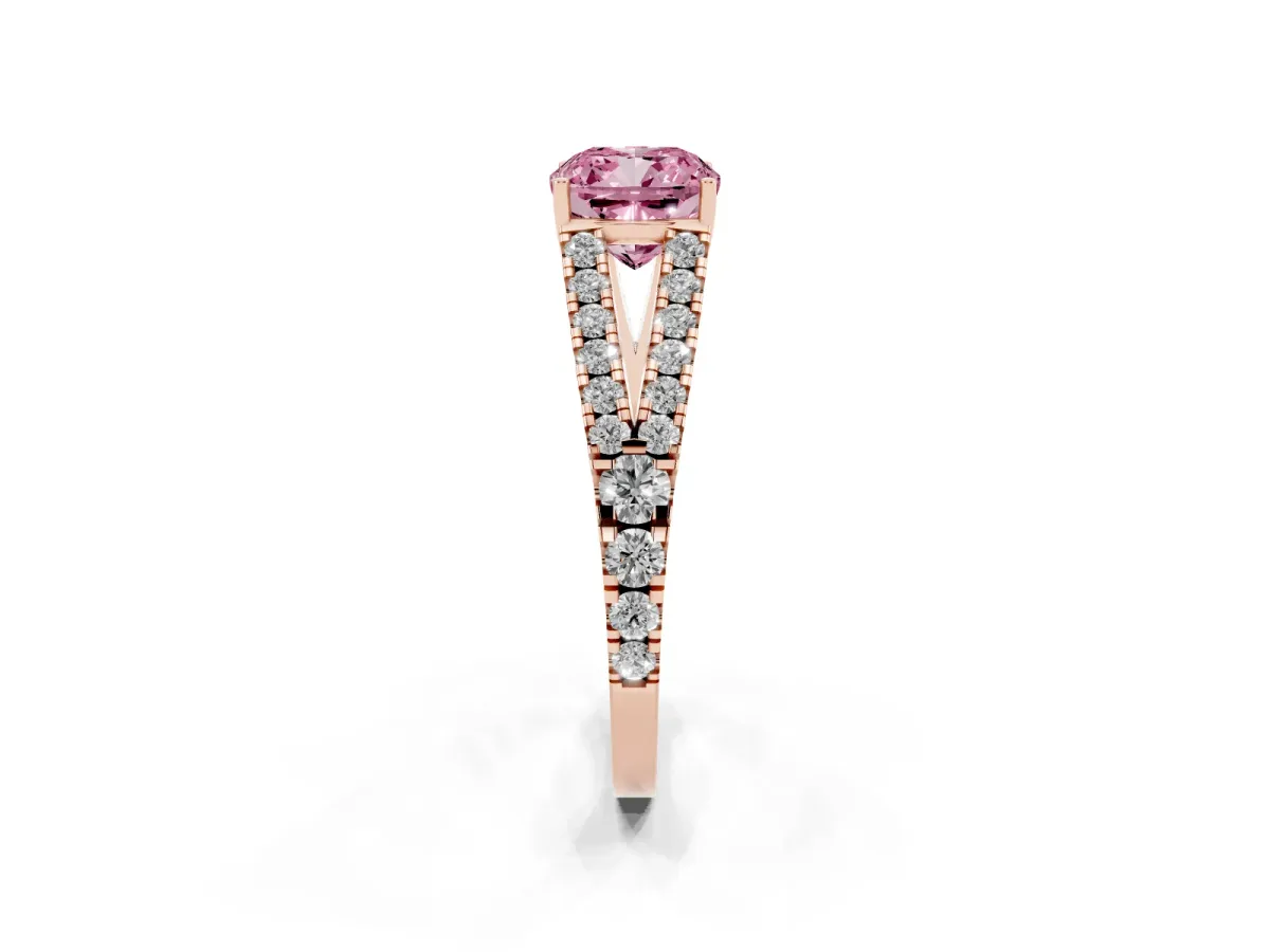 Fancy Pink Cushion Cut Diamond Split Shank Pavé Engagement Ring with Four-Prong Setting Rose gold