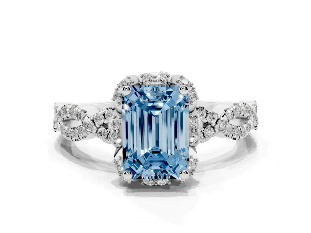 Fancy Blue Emerald Cut Halo Twist Band Solitaire Ring with Six-Prong Setting Silver