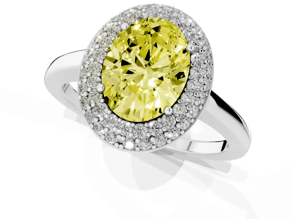 Fancy Yellow Oval Cut Halo Diamond Engagement Ring with Solitaire Band and Four-Prong Setting Platinum