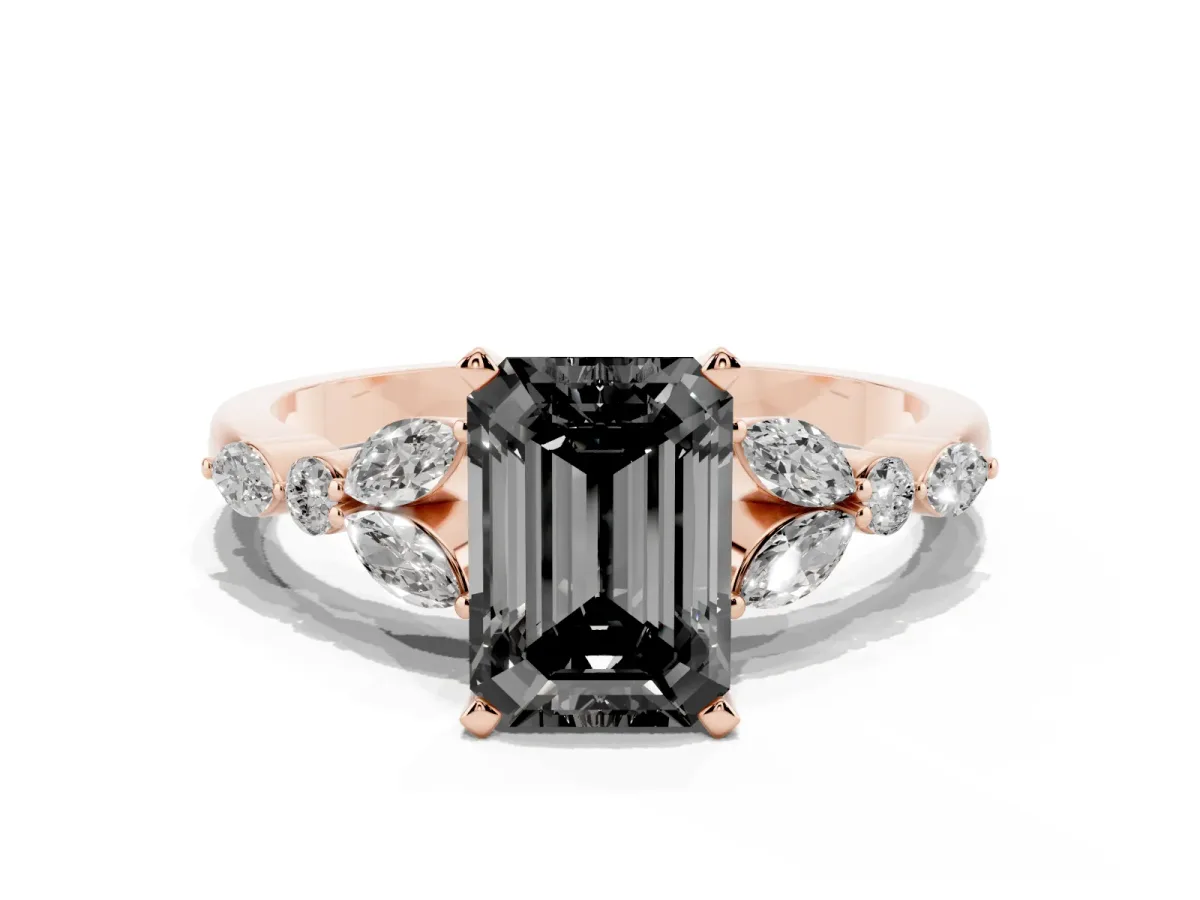 Fancy Black Emerald Cut Diamond Solitaire Ring with Side Stones and Four-Prong Setting Rose gold