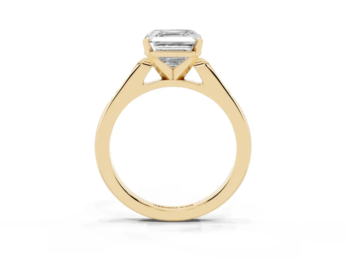 Asscher Cut Diamond Solitaire Ring with Channel Set Round Band and Prong Setting Yellow gold