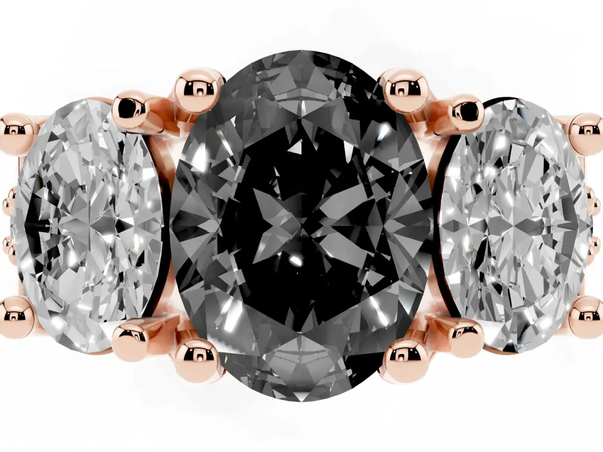 Fancy Black Oval Cut Diamond Three-Stone Ring with Channel Set Band and Four-Prong Setting Rose gold