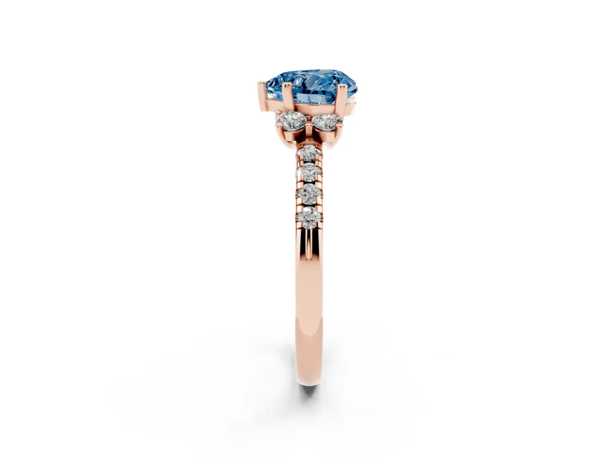 Fancy Blue Heart Cut Diamond Three-Stone Pave Band with Four-Prong Setting Rose gold