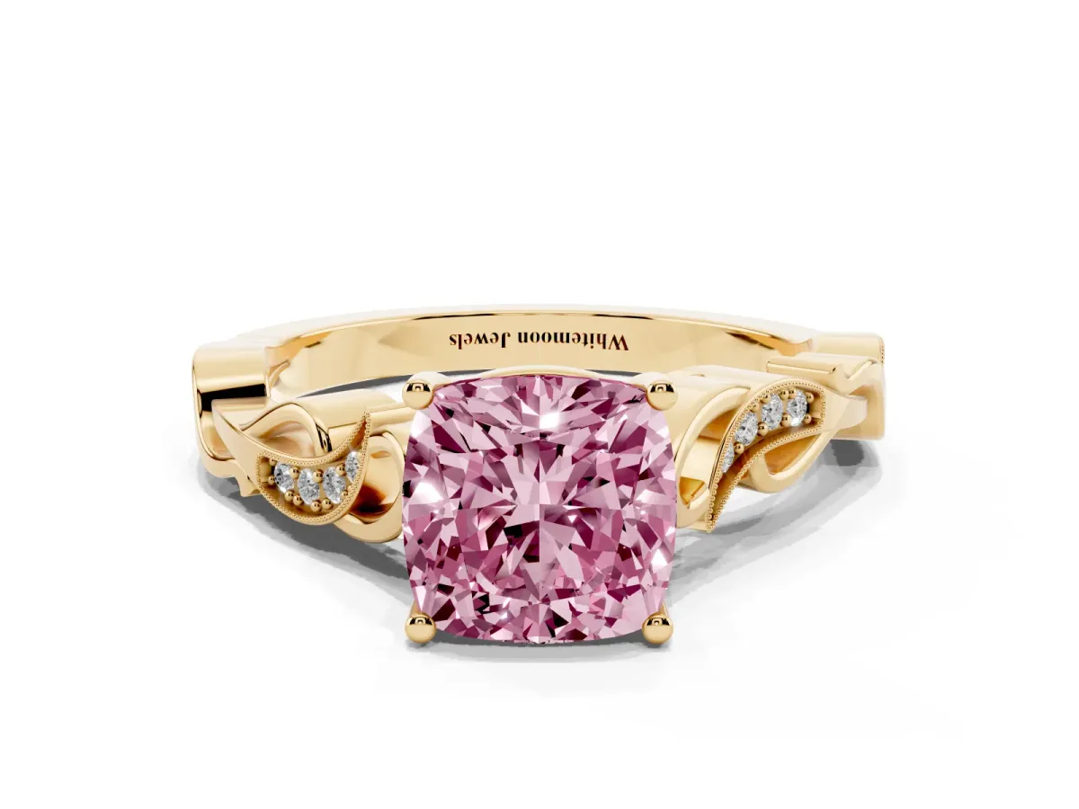Fancy Pink Cushion Cut Solitaire Vine Band with Milgrain Prong Setting Yellow gold