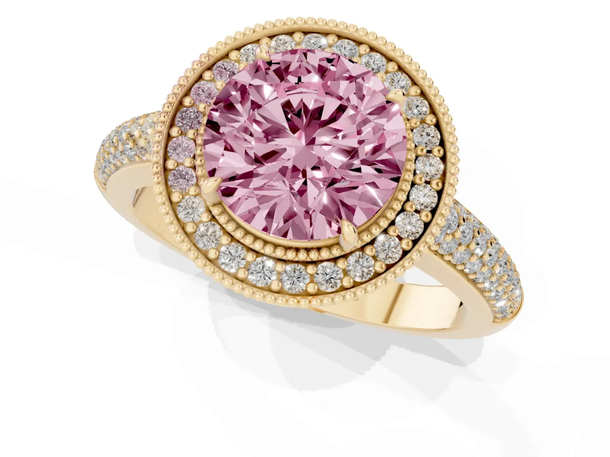 Fancy Pink Round Cut Cut Halo Diamond Pave Band with Four-Prong Setting Yellow gold