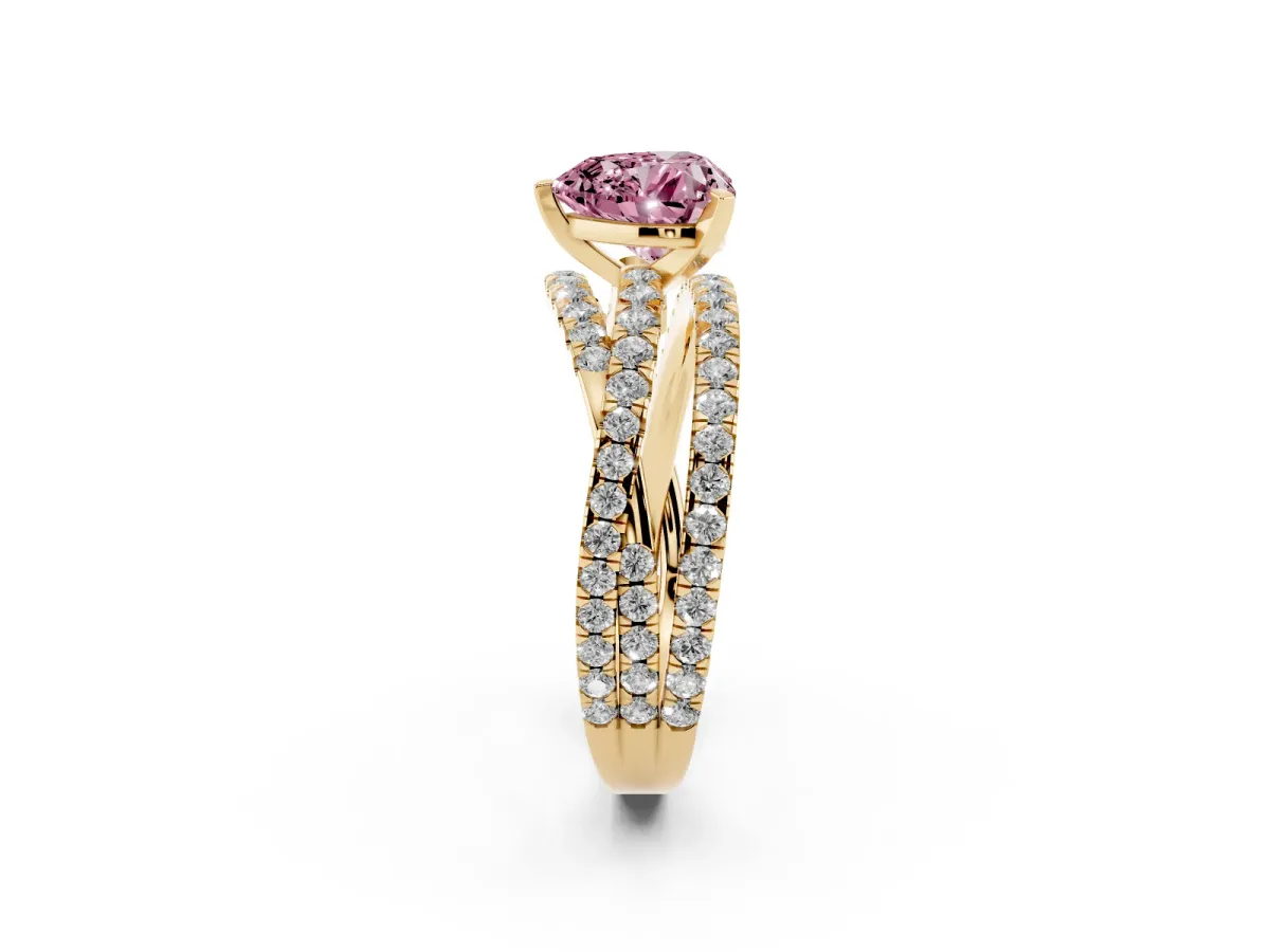 Fancy Pink Heart Cut Solitaire Twist Band with Pavé Setting and Four-Prong Setting Yellow gold