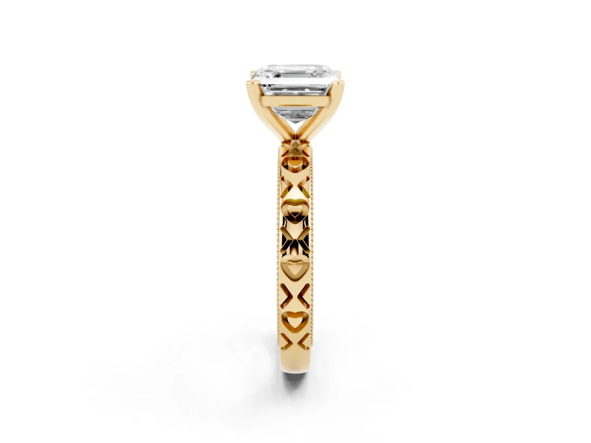 Asscher Cut Solitaire Diamond Engagement Ring with XO Engraved Band and Four-Prong Setting Yellow gold