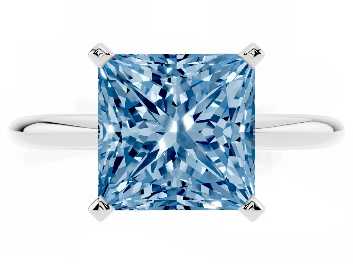 Fancy Blue Princess Cut Diamond Solitaire Ring with Prong Setting and Classic Band Platinum