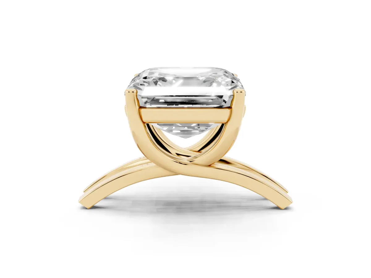 Asscher Cut Cut Diamond Solitaire Engagement Ring with Tapered Plain Band and Four-Prong Setting Yellow gold