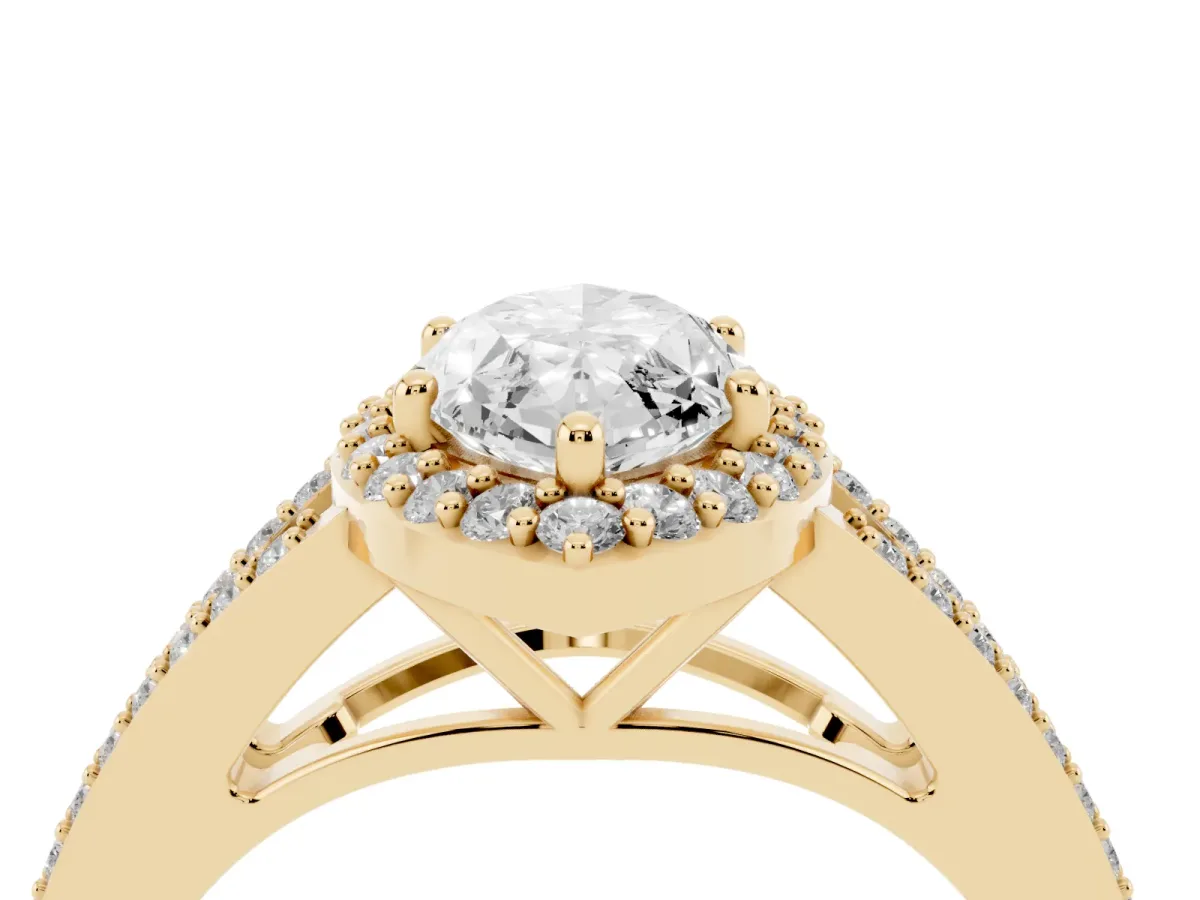 Marquise Cut Halo Split Shank Diamond Ring with Prong Setting Yellow gold