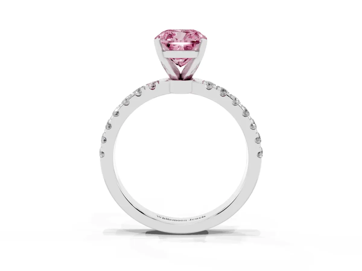 Fancy Pink Cushion Cut Diamond Solitaire Ring with Pavé Accents and Four-Prong Setting White gold