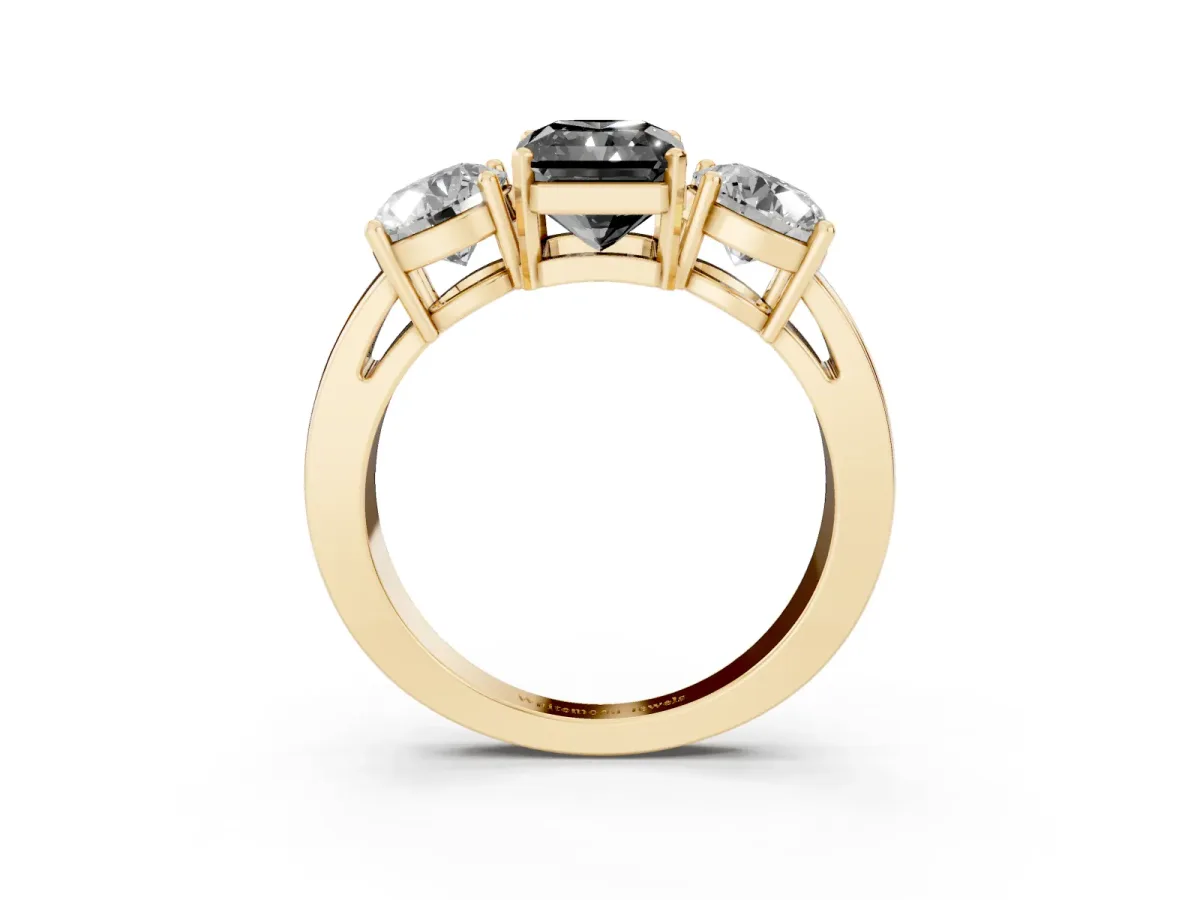 Fancy Black Three-Stone Radiant Cut Diamond Ring with Round Side Stones, Classic Band, and Four-Prong Setting Yellow gold