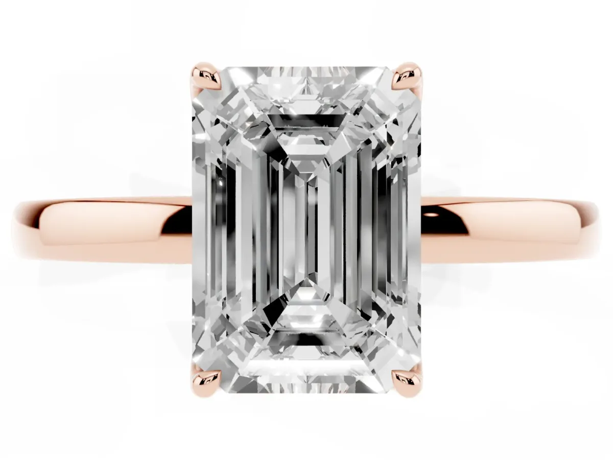 Emerald Cut Diamond Solitaire Ring with Thin Band and Prong Setting Rose gold