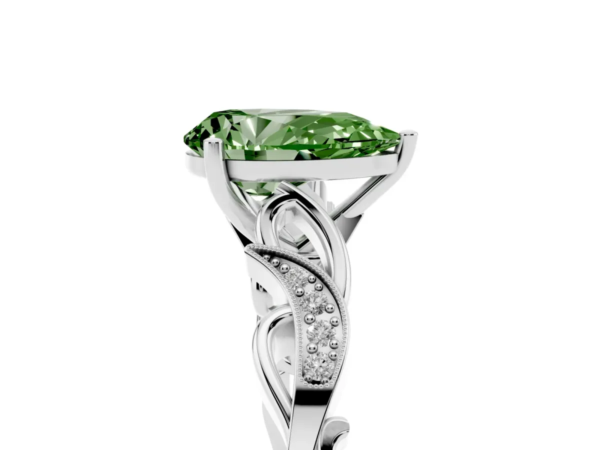 Fancy Green Pear Cut Solitaire Vine Band with Milgrain Prong Setting Silver