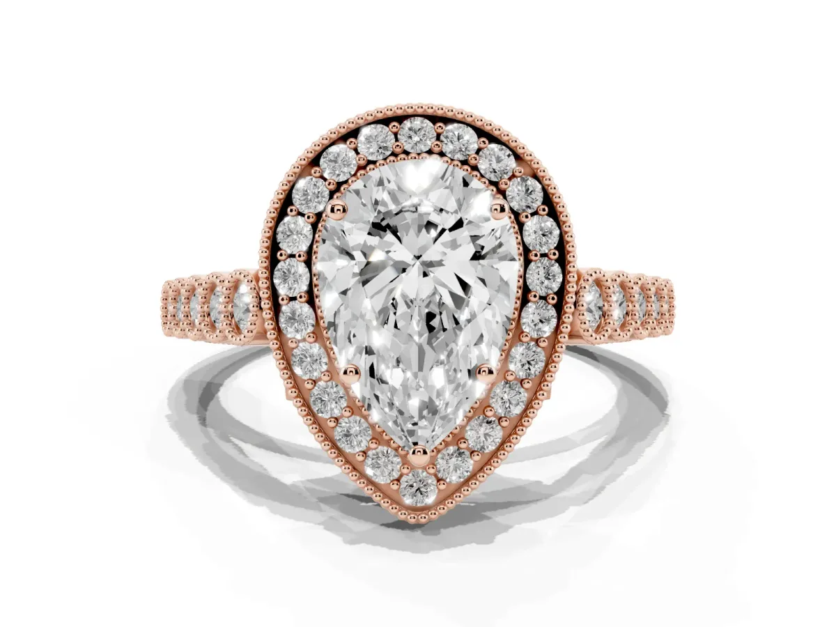 Pear Cut Halo Twist Band Solitaire Ring with Six-Prong Setting Rose gold