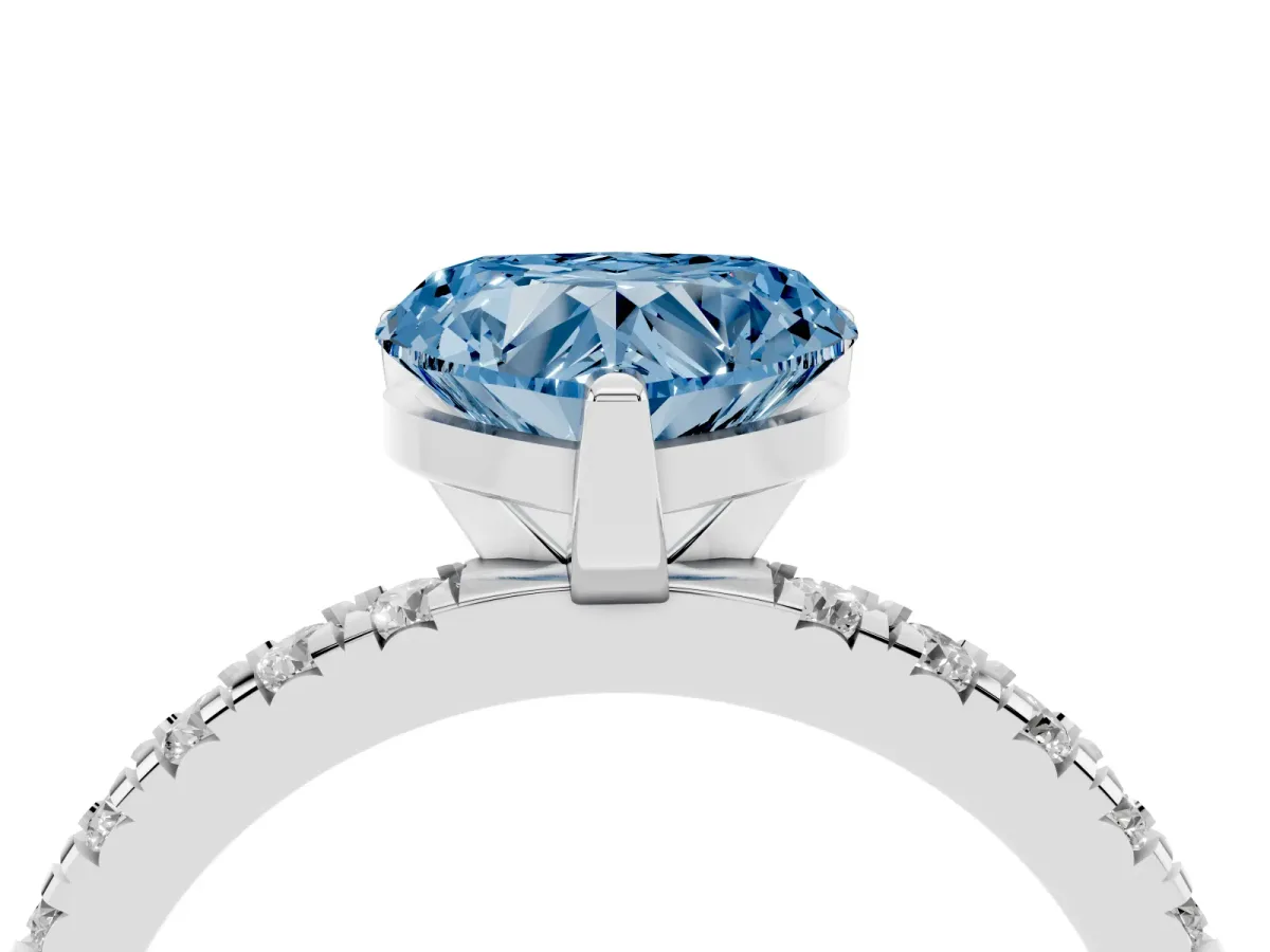 Fancy Blue Heart Cut Diamond Pavé Band Solitaire with Four-Prong Setting Silver