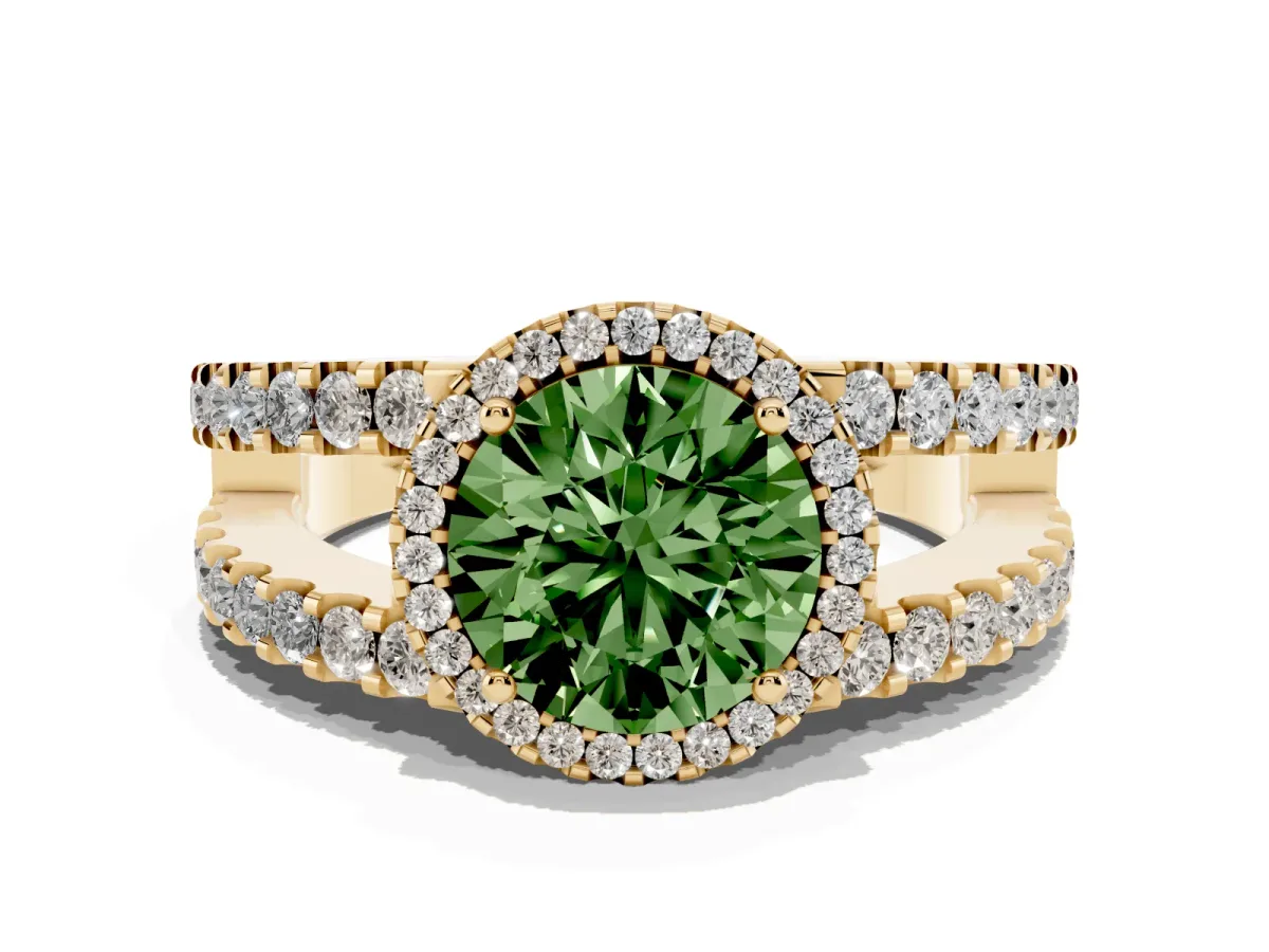Fancy Green Round Cut Cut Halo Split Shank Diamond Ring with Four-Prong Setting Yellow gold