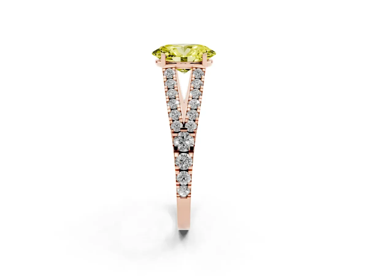 Fancy Yellow Oval Cut Diamond Split Shank Pavé Engagement Ring with Four-Prong Setting Rose gold