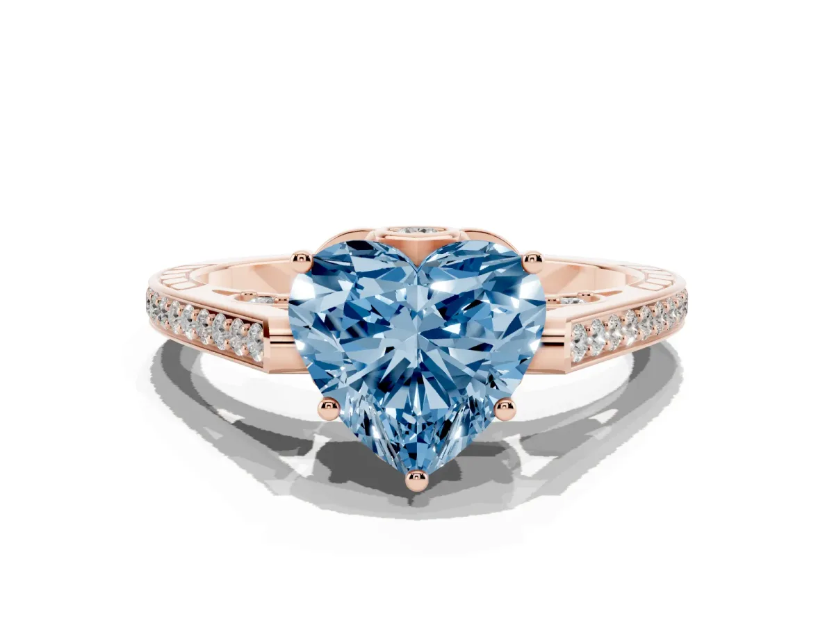 Fancy Blue Heart Cut Cut Cathedral Pave Diamond Engagement Ring with Six-Prong Setting Rose gold