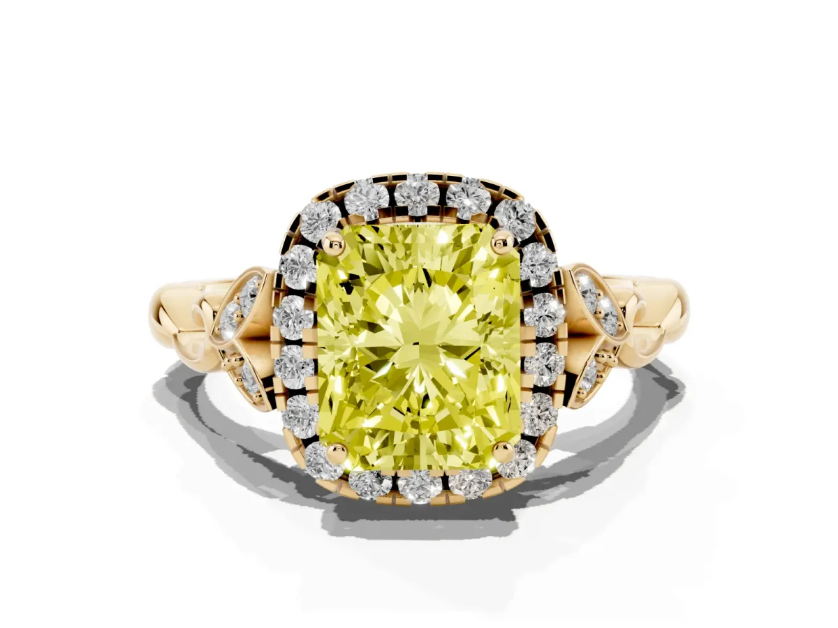 Fancy Yellow Radiant Cut Halo Diamond Engagement Ring with Vintage-Inspired Band and Four-Prong Setting Yellow gold