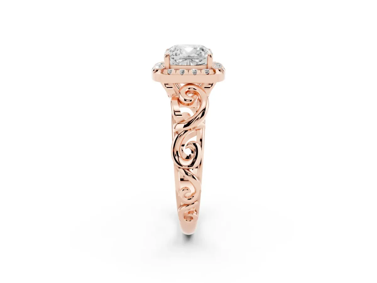 Cushion Cut Cut Halo Diamond Ring with Scrollwork Band and Four-Prong Setting Rose gold