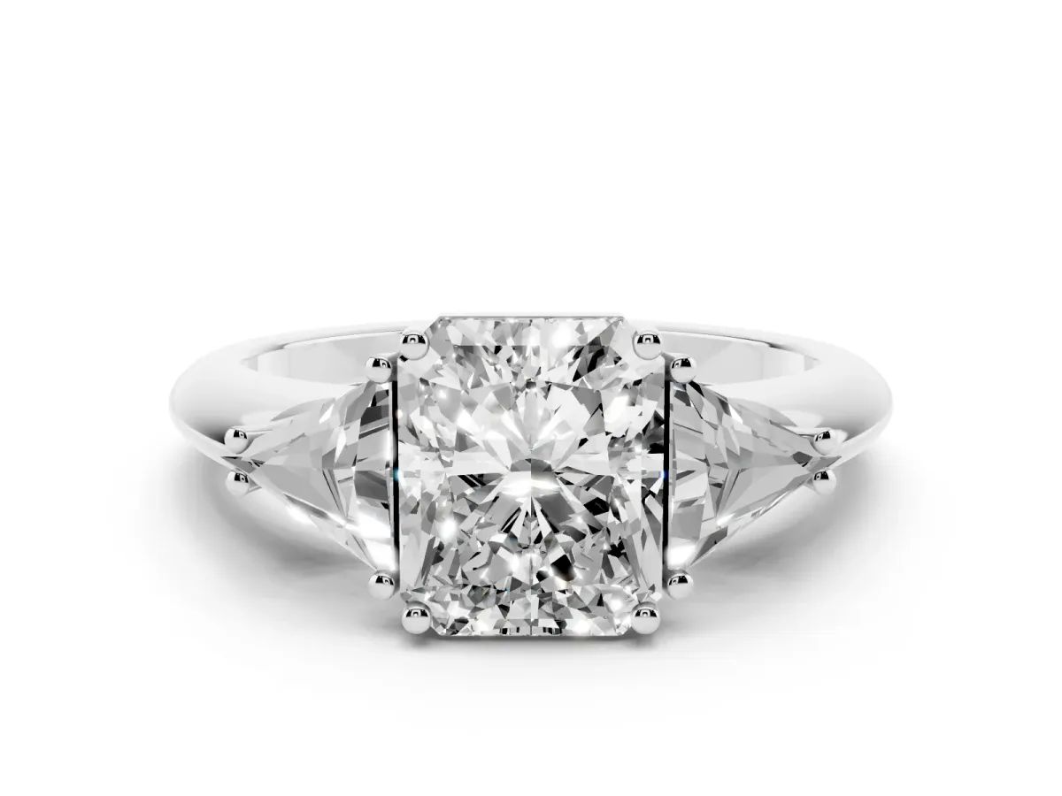 Three-Stone Radiant Cut Diamond Engagement Ring with Trillion Side Stones and Prong Setting Silver