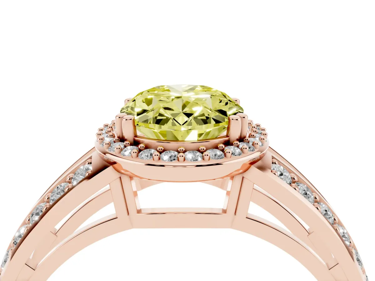Fancy Yellow Oval Cut Diamond Halo Ring with Split Shank Pavé Band and Four-Prong Setting Rose gold