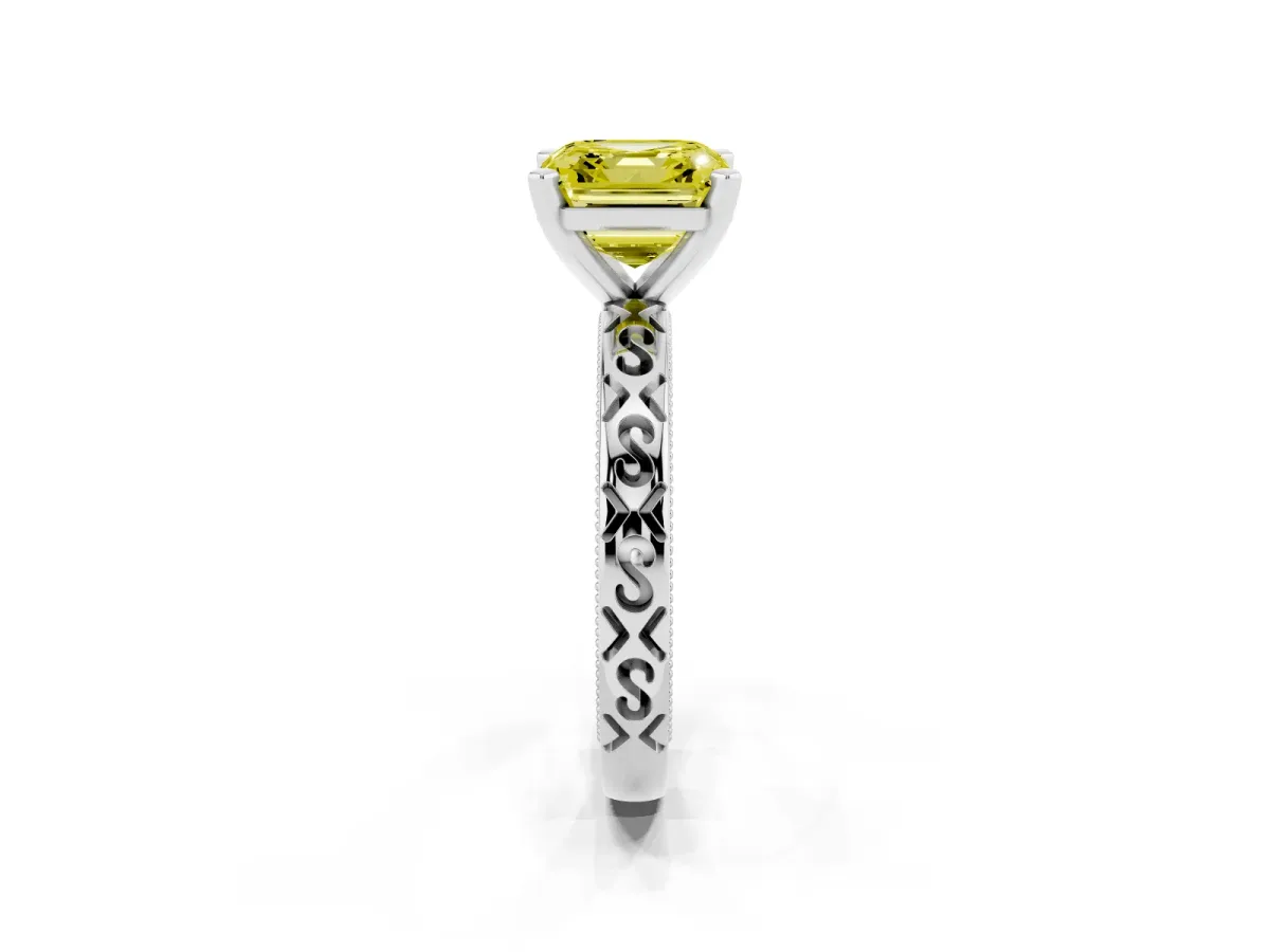 Fancy Yellow Asscher Cut Solitaire Engagement Ring with Scrollwork Band and Four-Prong Setting Silver