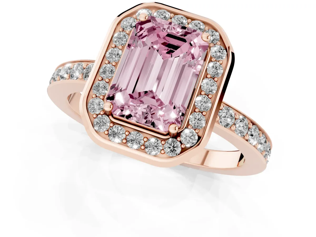 Fancy Pink Emerald Cut Diamond Halo Ring with Bezel Frame and Pavé Band Rose gold
