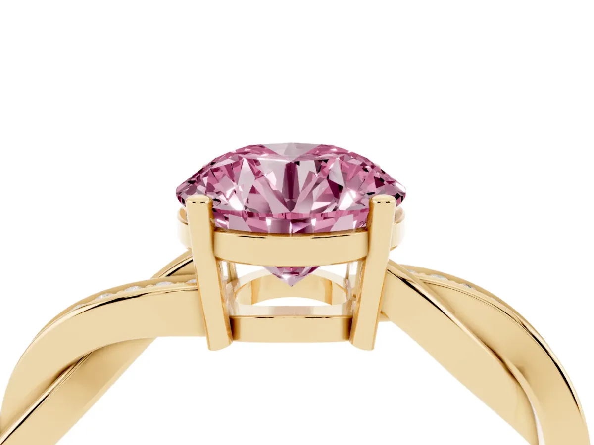 Fancy Pink Round Cut Solitaire Twisted Pave Diamond Ring with Four-Prong Setting Yellow gold
