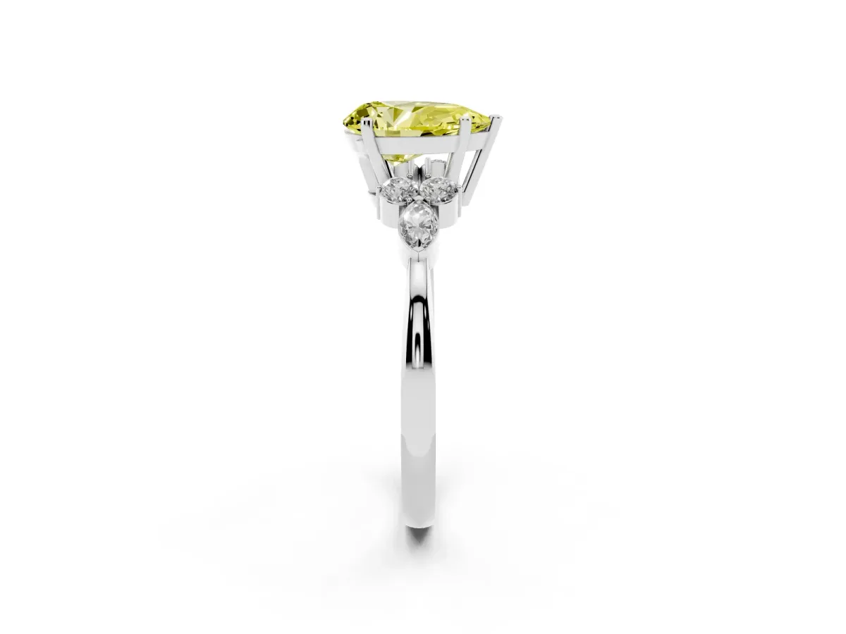 Fancy Yellow Pear Cut Brilliant Diamond Solitaire Ring with Pear Side Stones and Four-Prong Setting Silver