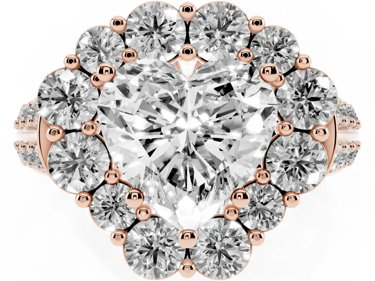 Heart Cut Halo Diamond Engagement Ring with Split Shank and Prong Setting Rose gold