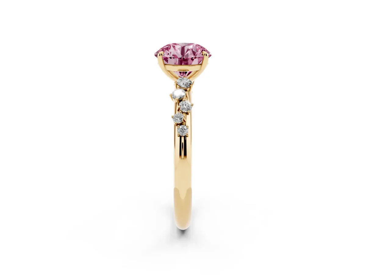 Fancy Pink Round Cut Diamond Cluster Prong-Set Solitaire Ring Yellow gold