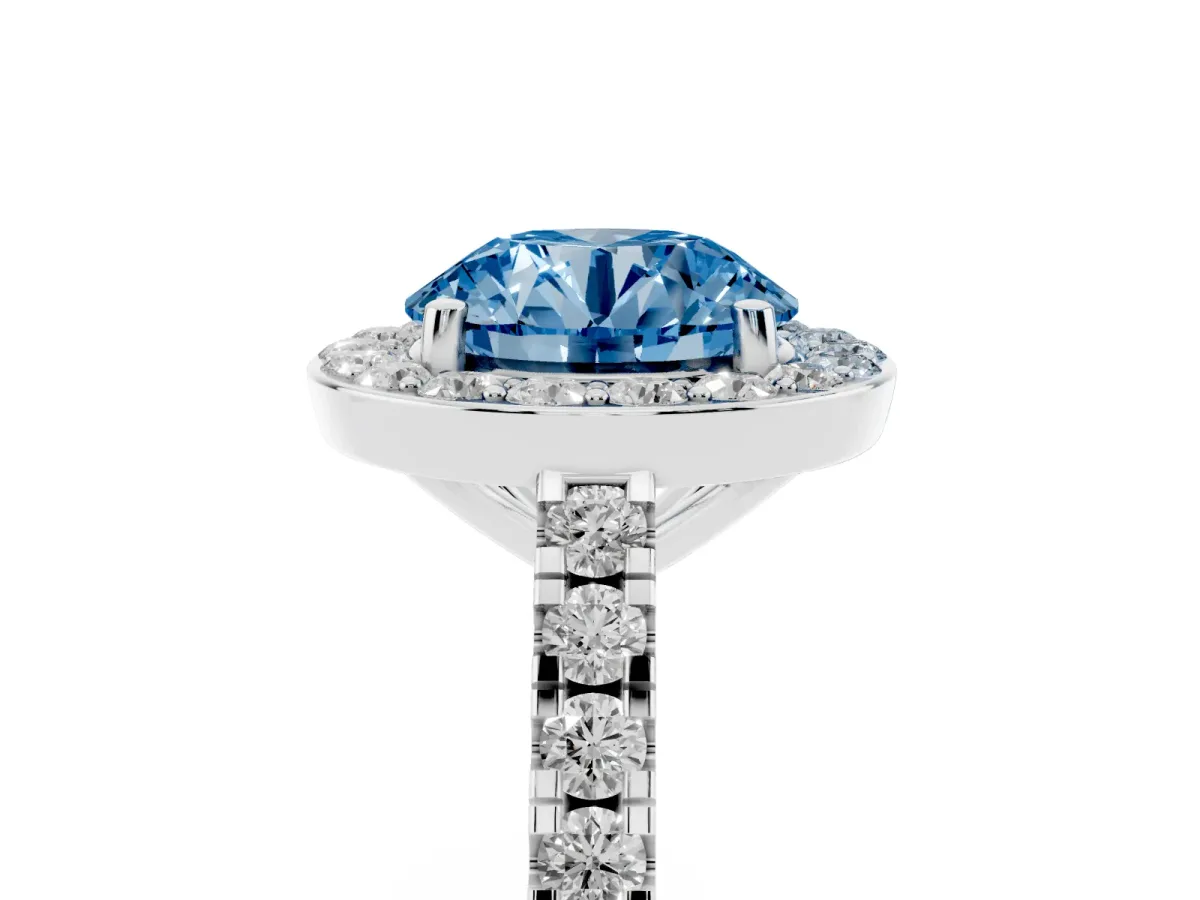Fancy Blue Round Cut Diamond Halo Ring with Round Pavé Split Shank and Prong Setting Platinum