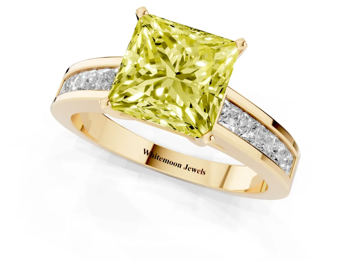Fancy Yellow Princess Cut Solitaire Diamond Ring with Channel-Set Band and Four-Prong Setting Yellow gold