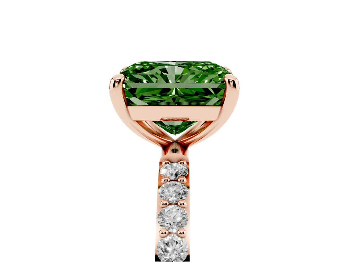Fancy Green Radiant Cut Diamond Solitaire Ring with Round Pavé Band and Prong Setting Rose gold