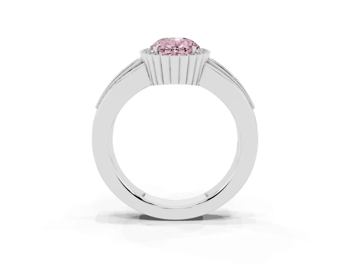 Fancy Pink Oval Cut Cut Halo Pave Band Four-Prong Ring Platinum